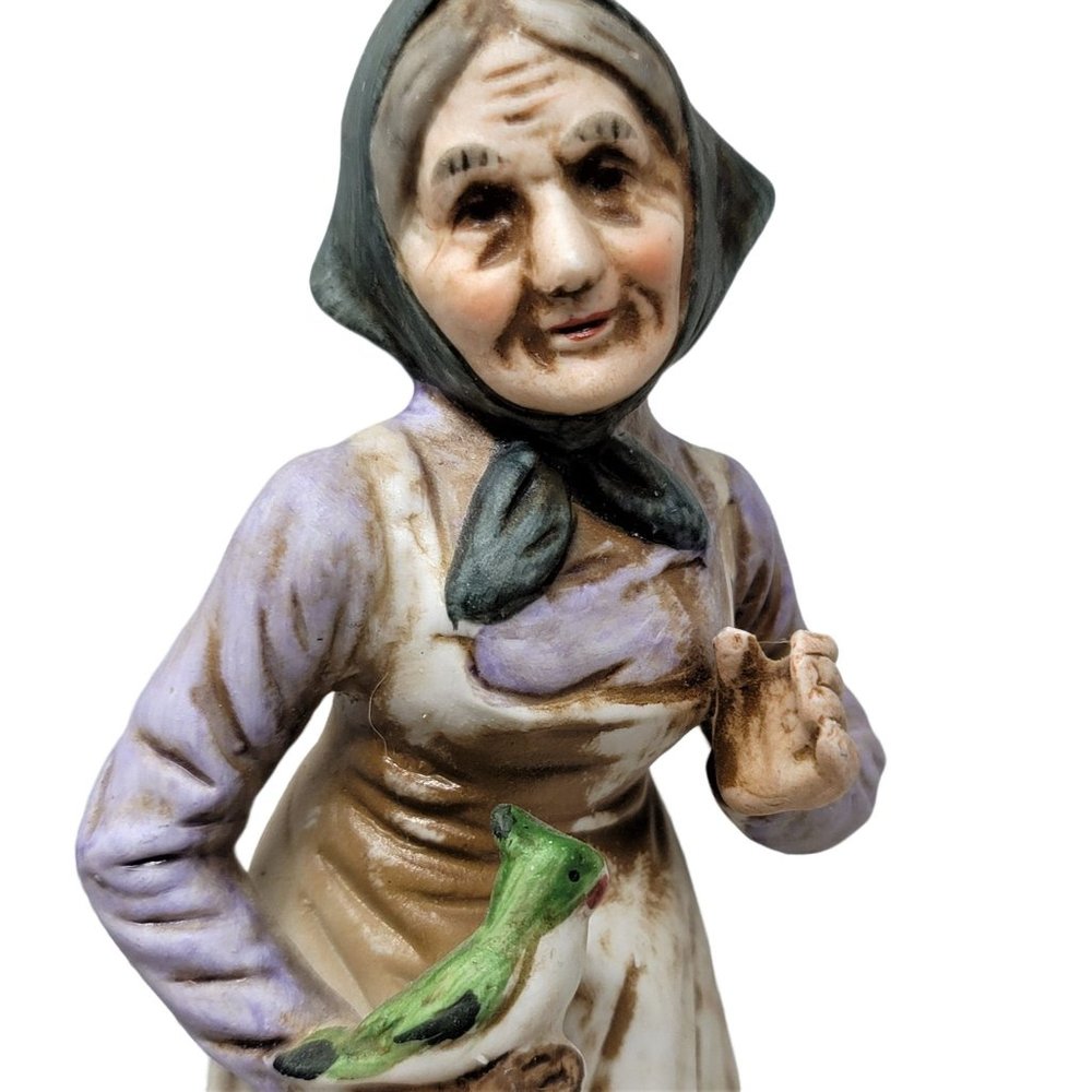 Vintage Grandmother Figurine with Bird & Walking Stick